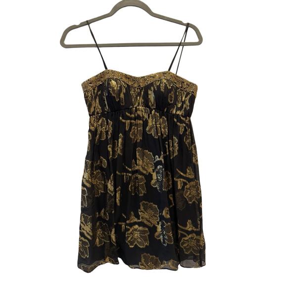 VTG Y2K 90s Cache BLK Gold Silk Babydoll Cocktail Dress Beaded WhimsyGoth XS-2 - Picture 4 of 11